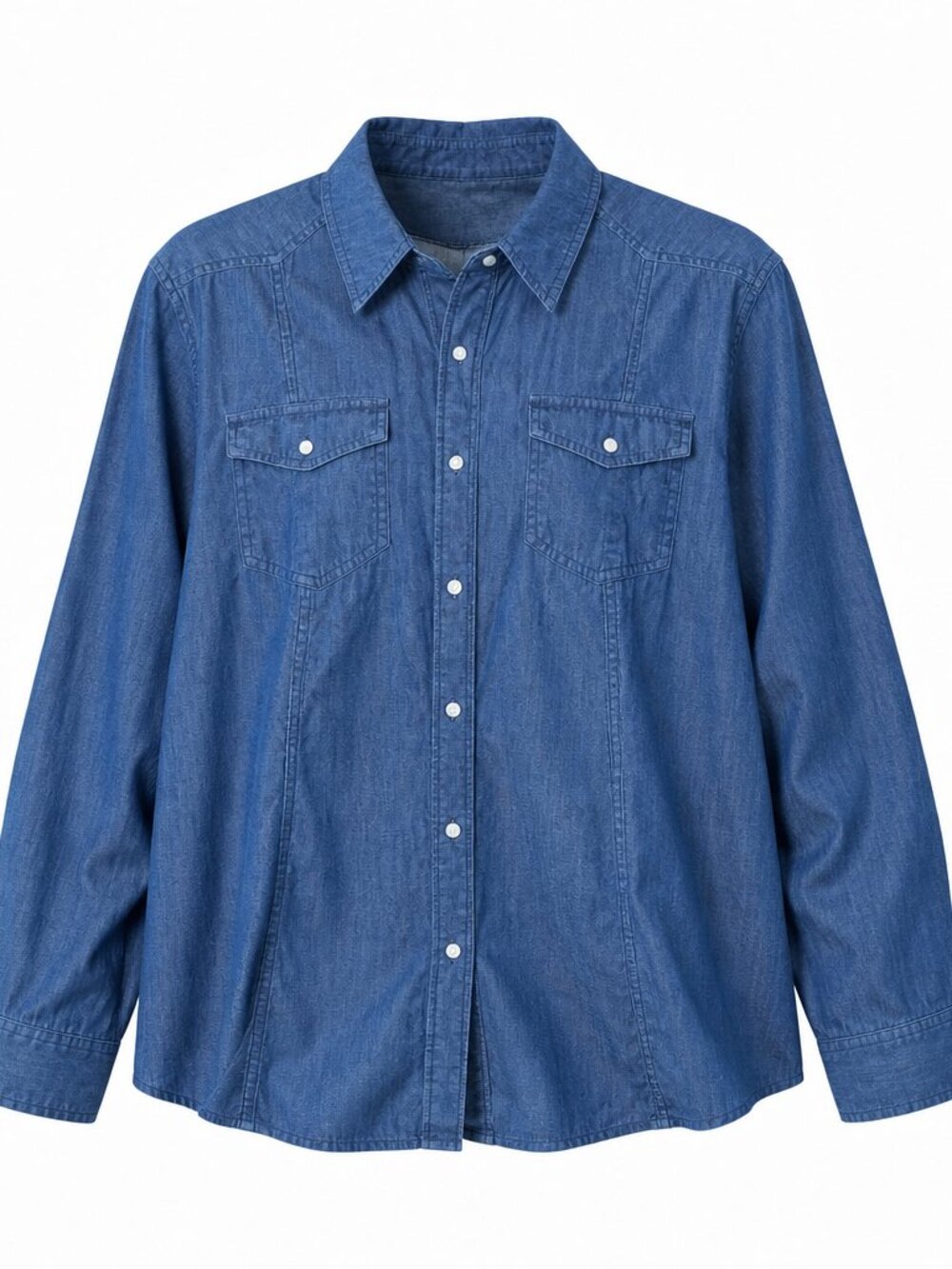 Lane Bryant Plus 22 Blue Chambray Snap-Front Shirt Roll-Tab Sleeves Pearl Snaps